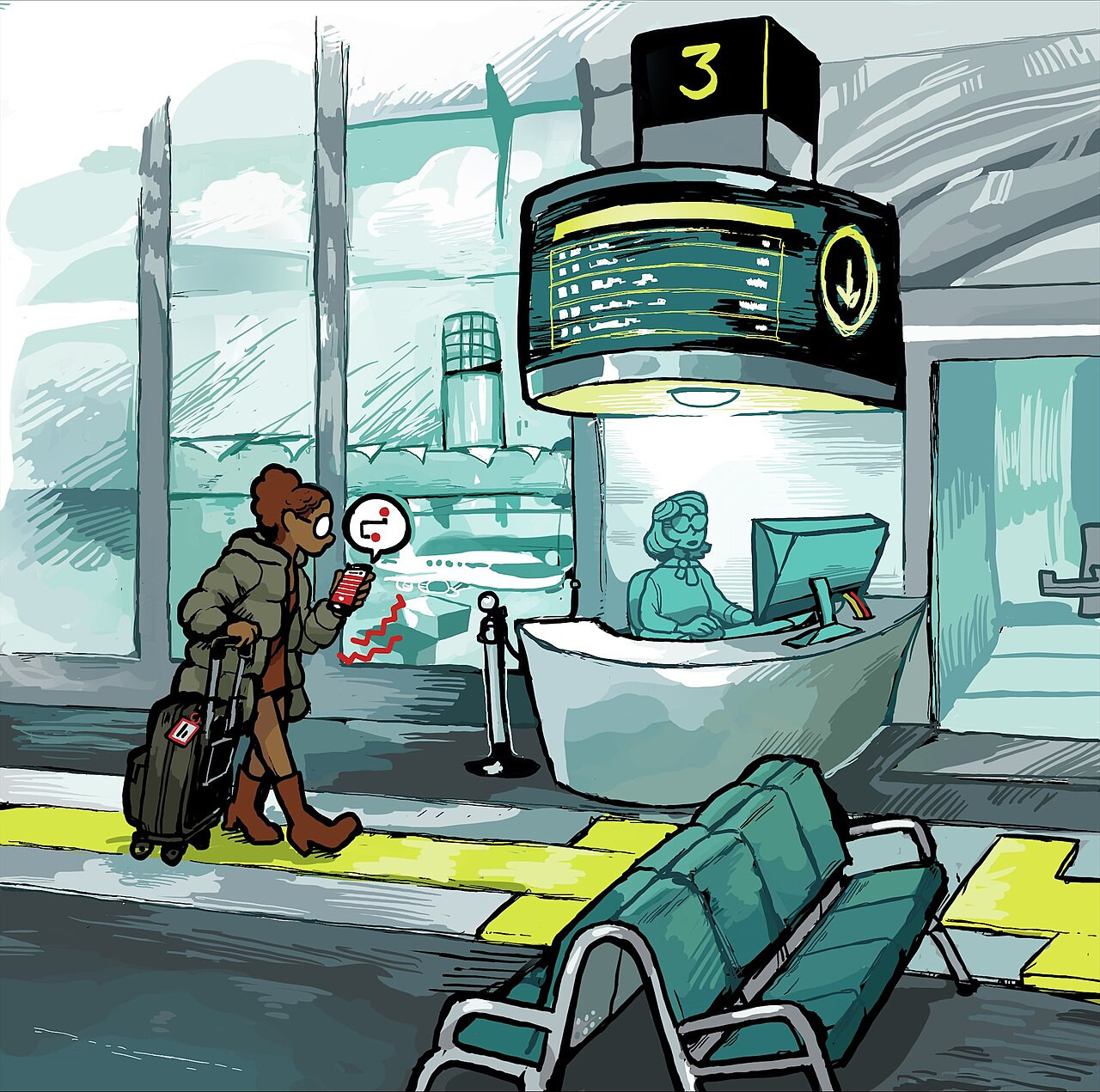 Illustrated traveler uses a phone while pulling a suitcase along tactile paving inside an airport terminal.